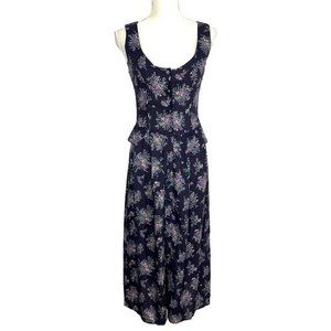 Vintage 90s Gunne Sax Dark Purple Floral Sleeveless Button Up Full Length Dress